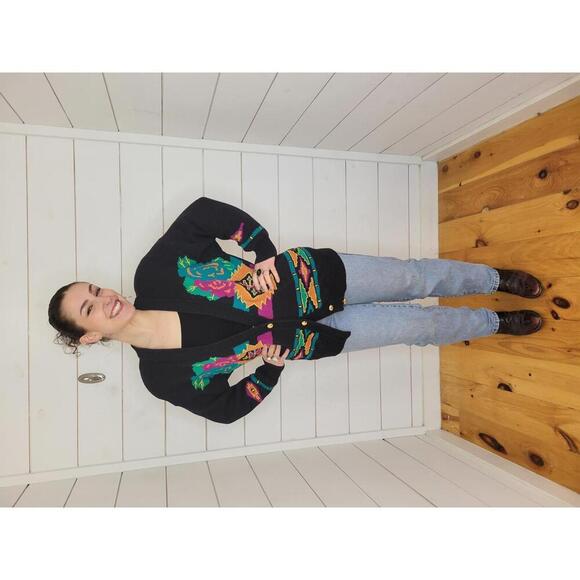Vintage 80s 90s I.B. DIFFUSION small black southwestern aztek cardigan sweater - Picture 1 of 7